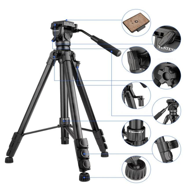 Yunteng Aluminum Tripod for Cameras and Travel Photography showing black aluminum tripod with pan handle, quick-release plate, leg locks, and carrying bag