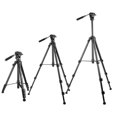 Yunteng Aluminum Tripod for Cameras and Travel Photography showing three height positions, lightweight aluminum with quick setup and carrying bag