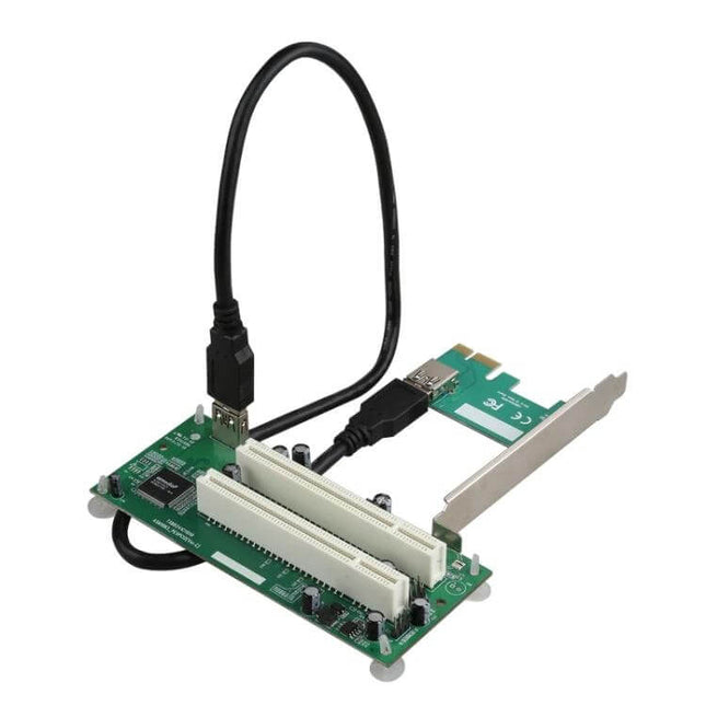 PCIe to Dual PCI Slot Adapter for USB 3.0 Computer Expansion showing PCB board, two PCI slots, USB 3.0 cable and bracket for legacy hardware integration