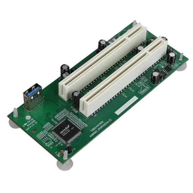 PCIe to Dual PCI Slot Adapter for USB 3.0 Computer Expansion — green adapter board with two white PCI slots and a blue USB 3.0 port