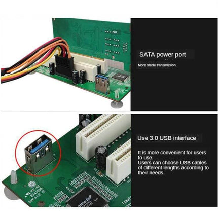 PCIe to Dual PCI Slot Adapter for USB 3.0 Computer Expansion showing SATA power port and USB 3.0 interface on green circuit board