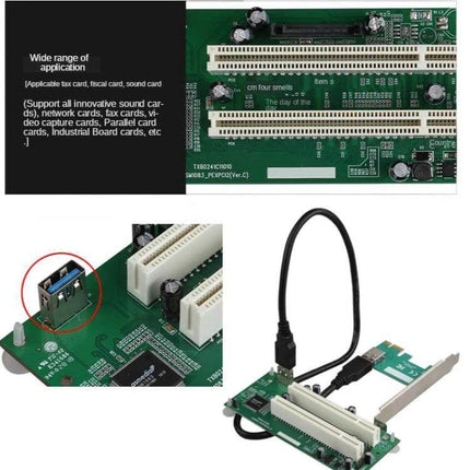 PCIe to Dual PCI Slot Adapter for USB 3.0 Computer Expansion showing dual PCI slots, USB 3.0 cable and PCB for legacy card installation