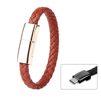 Stylish Bracelet USB-C Charging Cable for Daily On-the-Go Use - braided brown leather wristband with magnetic USB-C connector