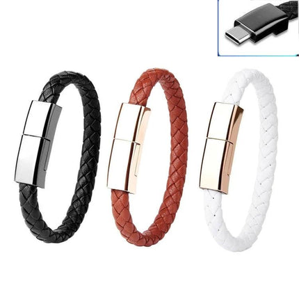 Stylish Bracelet USB-C Charging Cable for Daily On-the-Go Use braided leather wristband in black brown and white with metal USB-C clasp
