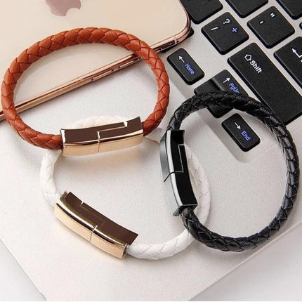 Stylish Bracelet USB-C Charging Cable for Daily On-the-Go Use - braided leather charging bracelet in brown white and black on laptop