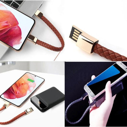 Stylish Bracelet USB-C Charging Cable for Daily On-the-Go Use braided leather charging cable bracelet in brown and black shown connecting phones and power bank