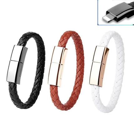 Stylish Bracelet Cable for Daily Phone Charging on the Go - braided leather charging bracelets in black brown white with metallic connectors