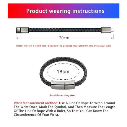 Stylish Bracelet Cable for Daily Phone Charging on the Go – black braided 20cm wearable charging bracelet shown with 18cm inner ring and wrist measurement guide