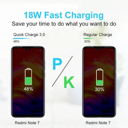 Reliable AU Plug Charger for Daily Mobile Phone Needs - 18W fast charging comparison showing Redmi Note 7 battery at 48% vs 30% for quick vs regular charge