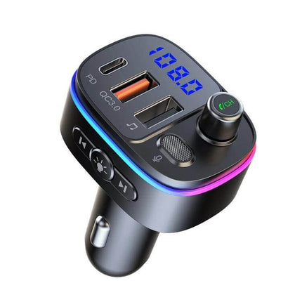 T65 Car Bluetooth FM Transmitter With Dual USB C QC3 Charger showing dual USB-C QC3 ports, LED display, control knob and RGB trim for hands-free calls and music