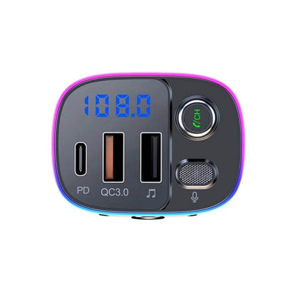 T65 Car Bluetooth FM Transmitter With Dual USB C QC3 Charger front view showing LED display, PD and QC3.0 ports, microphone and control knob