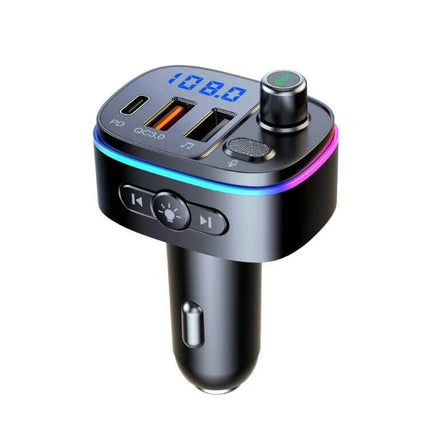 T65 Car Bluetooth FM Transmitter With Dual USB C QC3 Charger showing LED display, dual USB‑C ports, control knob and RGB accent for hands‑free calls and music