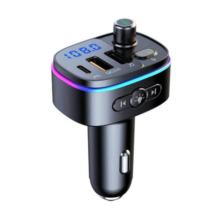 T65 Car Bluetooth FM Transmitter With Dual USB C QC3 Charger plugged into car cigarette lighter showing dual USB-C QC3 ports, LED display and control knob