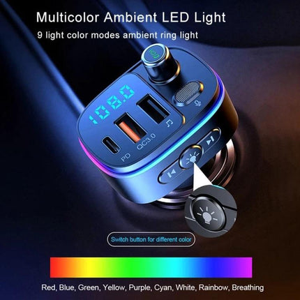 T65 Car Bluetooth FM Transmitter With Dual USB C QC3 Charger showing multicolor ambient LED, dual USB-C QC3 ports, display and control knob