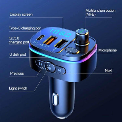 T65 Car Bluetooth FM Transmitter With Dual USB C QC3 Charger showing display, Type-C and QC3.0 ports, multifunction button, microphone and control buttons