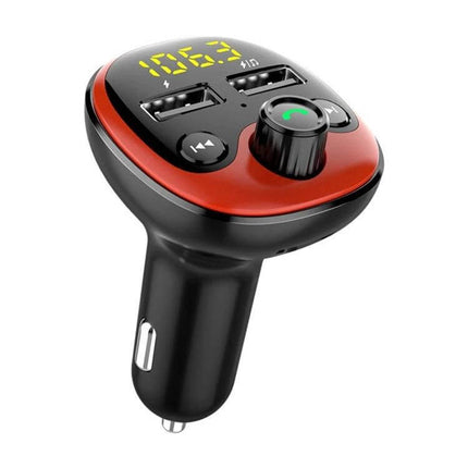 BT21 Car Bluetooth FM Transmitter MP3 Player Dual USB Charger in black and red, Bluetooth 5.0 FM transmitter with dual USB ports and hands-free call controls
