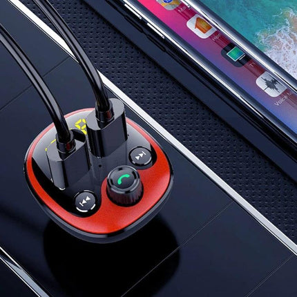 BT21 Car Bluetooth FM Transmitter MP3 Player Dual USB Charger showing dual USB ports, control buttons and phone connected for hands-free calls and music