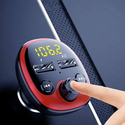 BT21 Car Bluetooth FM Transmitter MP3 Player Dual USB Charger showing red-black unit with dual USB ports, LED frequency display and control knob being pressed