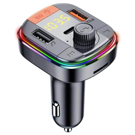 Car Bluetooth FM Transmitter With Ambient Light And USB Charging showing dual USB ports, digital display, control knob and rainbow ambient LED