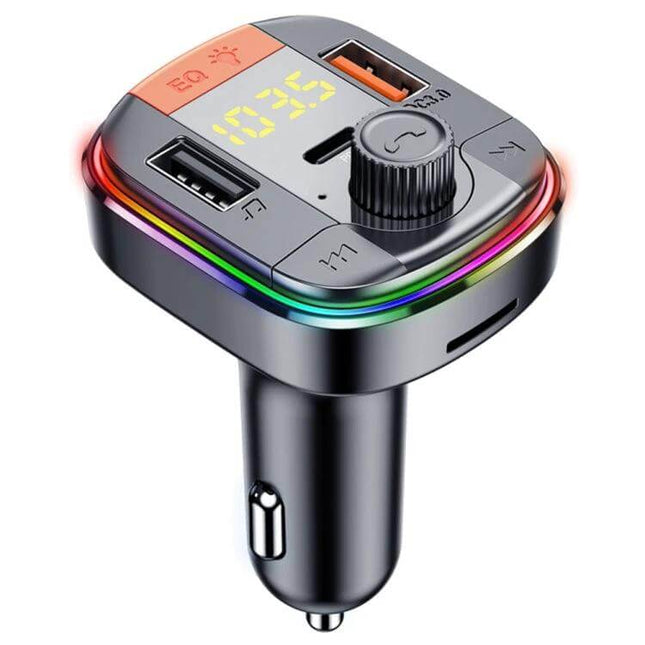 Car Bluetooth FM Transmitter With Ambient Light And USB Charging showing dual USB ports, digital display, control knob and rainbow ambient LED