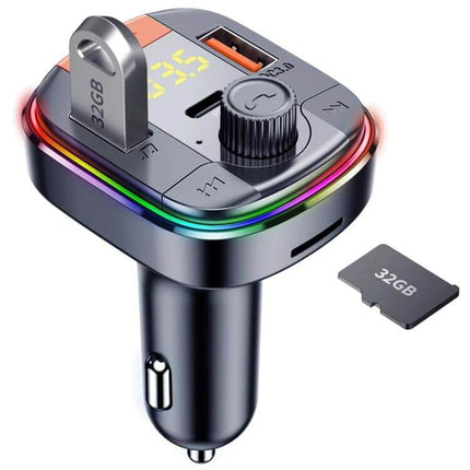 Car Bluetooth FM Transmitter With Ambient Light And USB Charging showing LED display, ambient RGB ring, dual USB ports and rotary control in car charger form factor