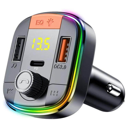 Car Bluetooth FM Transmitter With Ambient Light And USB Charging — dual USB ports, digital display, EQ button and rainbow ambient LED for in-car hands-free audio