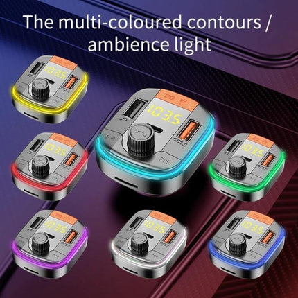 Car Bluetooth FM Transmitter With Ambient Light And USB Charging showcasing multi-coloured ambient light, digital display, dual USB ports and QC3.0 fast charge