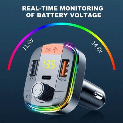 Car Bluetooth FM Transmitter With Ambient Light And USB Charging showing digital voltage display, dual USB ports (QC3.0), ambient RGB light and control knob
