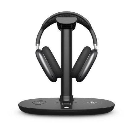 Convenient Stand for Charging Phone and Accessories at Home with wireless charging base and headphone holder on nightstand