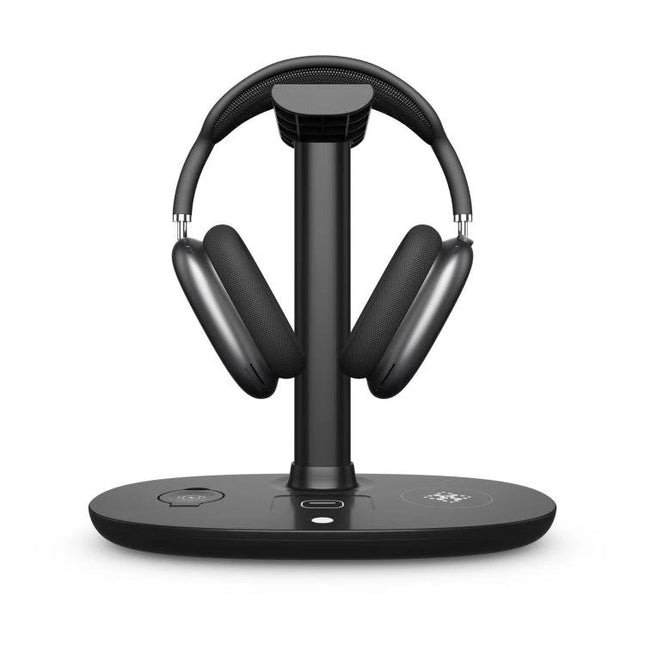 Convenient Stand for Charging Phone and Accessories at Home with wireless charging base and headphone holder on nightstand