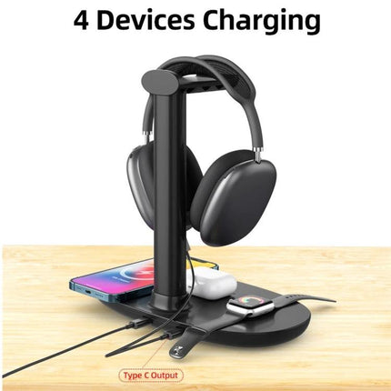 Convenient Stand for Charging Phone and Accessories at Home showing phone, earbuds, smartwatch and headphones charging neatly