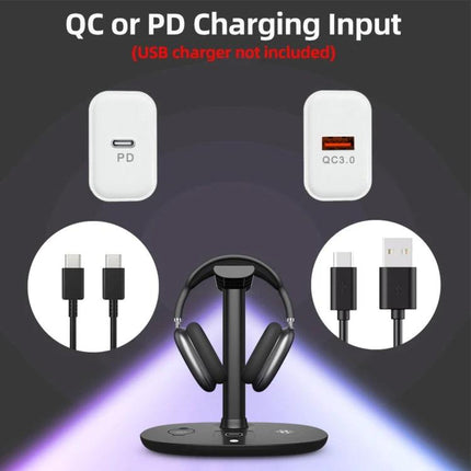 Convenient Stand for Charging Phone and Accessories at Home showing wireless charging stand with earbuds, smartwatch and QC/PD charging inputs