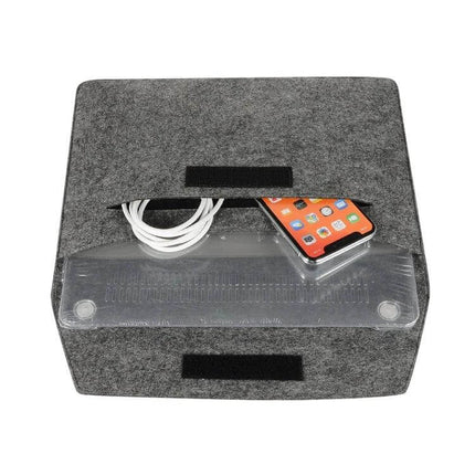 Felt Protective Sleeve for 12, 13, and 15-Inch Laptops with handle, cable storage and phone pocket in grey felt