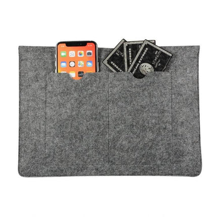 Felt Protective Sleeve for 12, 13, and 15-Inch Laptops gray felt sleeve with handle and front pockets holding phone and cards