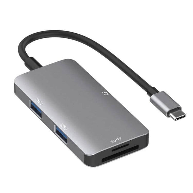 Aluminum USB C Hub with Card Readers and USB Ports, compact gray aluminum hub with SD/TF slots and dual USB ports for MacBook and Thunderbolt 3 laptops
