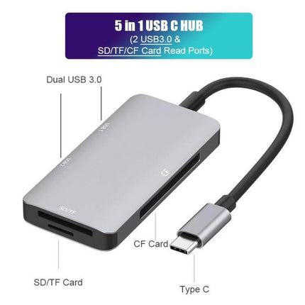 Aluminum USB C Hub with Card Readers and USB Ports - 5-in-1 Type C hub with SD/TF/CF card slots and dual USB 3.0 ports, aluminum build for MacBook and laptops