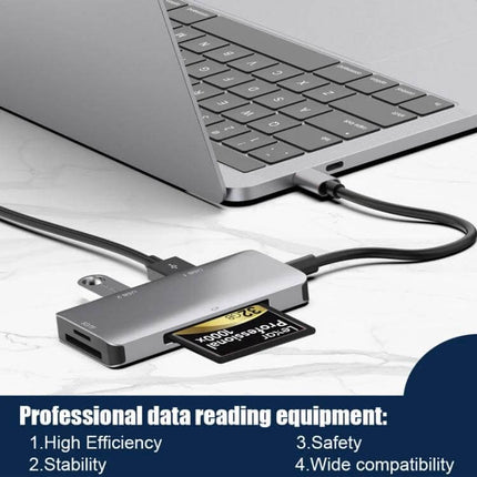 Aluminum USB C Hub with Card Readers and USB Ports connected to laptop transferring SD card files and USB peripherals