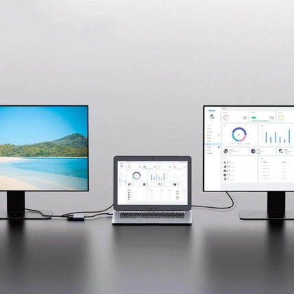 USB 3.0 Adapter for HDMI, VGA, and Audio Device Connections connecting a laptop to two external monitors and audio