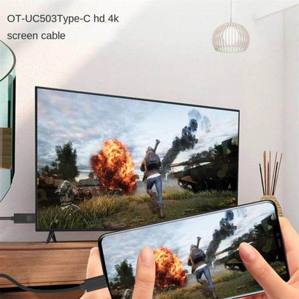 4K USB-C to HDMI Cable for High-Resolution Device Connections showing smartphone mirrored to TV for gaming and presentations