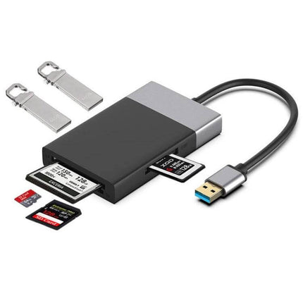 USB 3.0 Hub with Multiple Card Readers for Device Connections showing SD CF slots, USB 3.0 cable and flash drives for fast file transfer