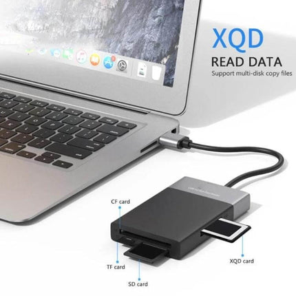 USB 3.0 Hub with Multiple Card Readers for Device Connections showing SD CF TF XQD slots connected to a laptop for fast file transfers