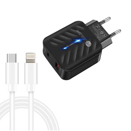Essential USB Charger and Cable for Everyday Home Use - black fast USB PD wall charger with white USB-C to Lightning cable