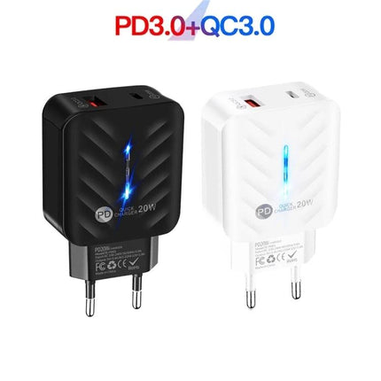 Essential USB Charger and Cable for Everyday Home Use - dual PD3.0 QC3.0 20W wall chargers in black and white with LED indicator