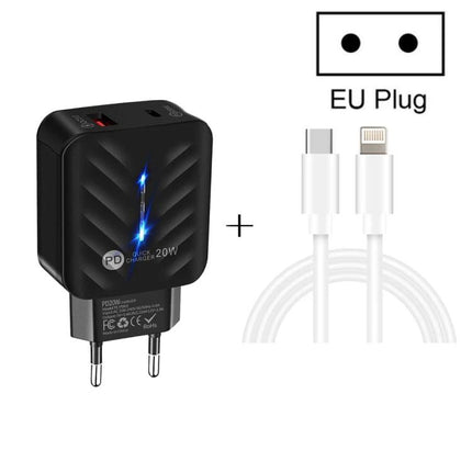 Essential USB Charger and Cable for Everyday Home Use - 20W PD EU plug charger with USB-C to Lightning cable, compact black wall adapter for smartphones and tablets