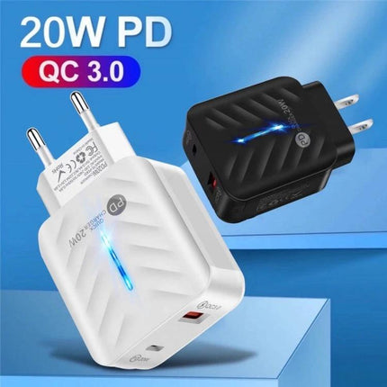 Essential USB Charger and Cable for Everyday Home Use compact 20W PD QC3.0 wall charger in white and black for smartphone and tablet charging