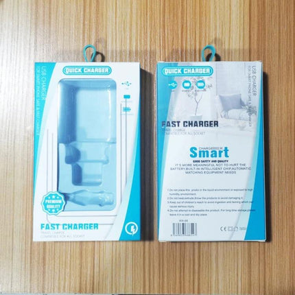 Essential USB Charger and Cable for Everyday Home Use - white and teal fast charger retail packaging on wood surface