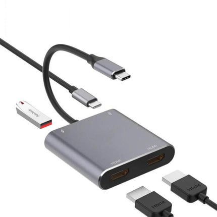 USB-C Multiport Adapter for Dual Displays and Data Transfer with dual HDMI ports, USB-C pass-through and USB data port, compact aluminum hub
