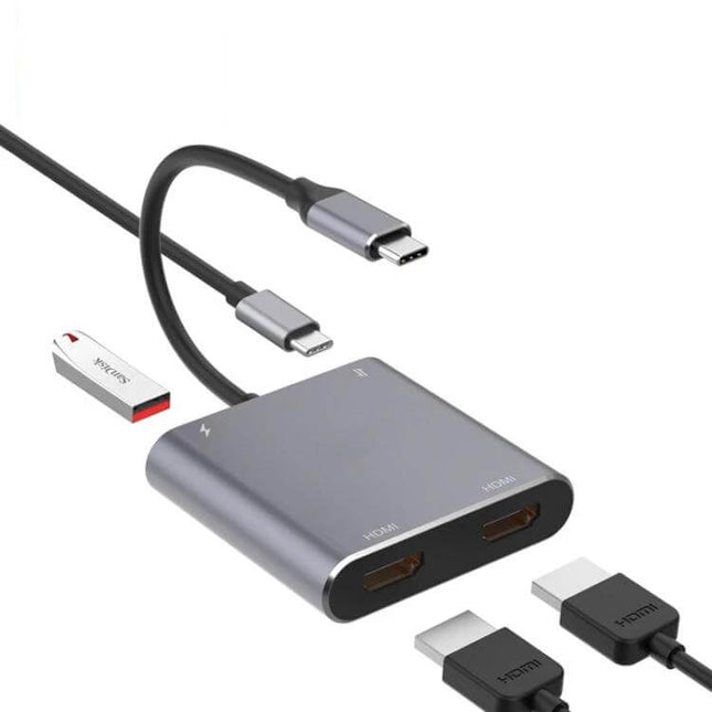USB-C Multiport Adapter for Dual Displays and Data Transfer with dual HDMI ports, USB-C pass-through and USB data port, compact aluminum hub