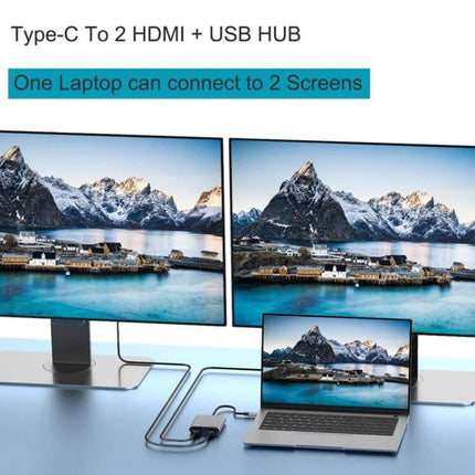 USB-C Multiport Adapter for Dual Displays and Data Transfer showing a laptop connected to two HDMI monitors and USB hub for productivity