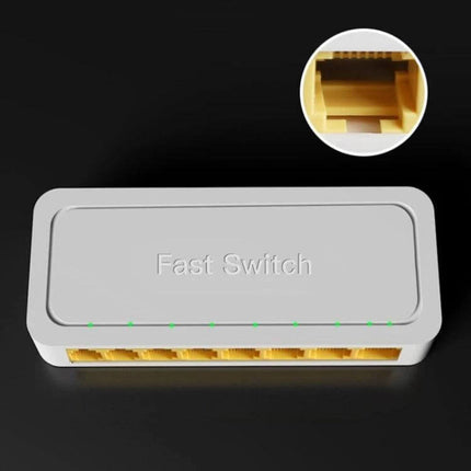 Reliable 8-Port Unmanaged Network Switch for Home Connectivity Expansion - white compact Fast Switch with 8 yellow RJ45 ports and LED indicators